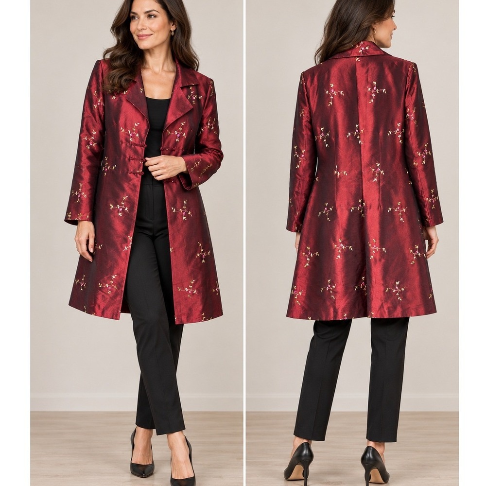 The Dragonfly Shop 100% Silk Embroidered Long Jacket XXL Burgundy Frog Closure